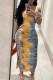 Grayish Yellow Street Print Patchwork One Shoulder Printed Dress Dresses