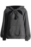 Grey Street Solid Hollowed Out Patchwork Pocket Hooded Collar Tops