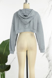 Grey Casual Solid Slit Hooded Collar Tops