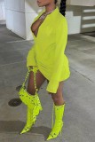 Mustard Yellow Casual Solid Patchwork Turndown Collar Long Sleeve Dresses