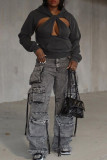 Grey Street Solid Hollowed Out Patchwork Pocket Hooded Collar Tops
