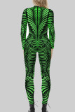 Green Sexy Print Patchwork Zipper O Neck Skinny Jumpsuits
