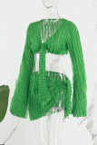 Green Sexy Casual Solid Bandage Asymmetrical V Neck Long Sleeve Two Pieces