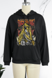 Red Vintage Print Skull Draw String Hooded Collar Tops