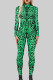 Fluorescent Green Sexy Print Patchwork Zipper O Neck Skinny Jumpsuits