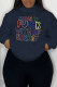Navy Blue Street Print Draw String Hooded Collar Tops