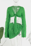 Green Sexy Casual Solid Bandage Asymmetrical V Neck Long Sleeve Two Pieces