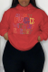 Red Street Print Draw String Hooded Collar Tops