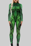 Green Sexy Print Patchwork Zipper O Neck Skinny Jumpsuits