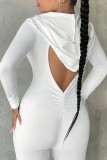 White Casual Solid Backless Hooded Collar Skinny Jumpsuits