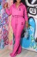 Rose Red Casual Print Letter Turndown Collar Long Sleeve Two Pieces