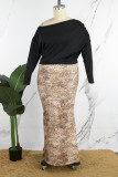 Black Gold Elegant Print Patchwork Oblique Collar Wrapped Skirt Plus Size Dresses