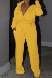 Yellow Casual Solid Patchwork Draw String Pocket Zipper Hooded Collar Long Sleeve Two Pieces