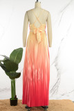 Pink Sexy Formal Gradual Change Print Backless Pleated Spaghetti Strap Evening Dress Dresses