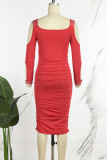 Red Sexy Casual Solid Hollowed Out Patchwork Hot Drill V Neck Long Sleeve Dresses