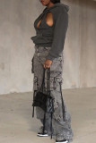 Grey Street Solid Hollowed Out Patchwork Pocket Hooded Collar Tops