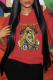 Red Vintage Print Skull Draw String Hooded Collar Tops