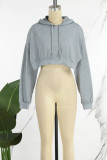 Grey Casual Solid Slit Hooded Collar Tops