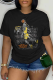 Black Vintage Print Patchwork Skull O Neck T-Shirts