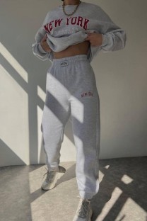 Grey Casual Letter Print Basic O Neck Long Sleeve Two Pieces