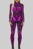 Purple Sexy Print Patchwork Zipper O Neck Skinny Jumpsuits