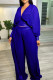Blue Casual Solid Patchwork Pleated V Neck Plus Size Two Pieces