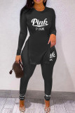 Black Pink Casual Print Slit V Neck Long Sleeve Two Pieces