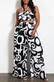 Black Sexy Casual Print Bandage Backless Halter Plus Size Two Pieces