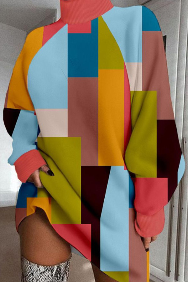 Multicolor Elegant Color Lump Patchwork Turtleneck Straight Dresses