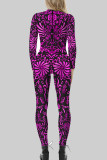 White Sexy Print Patchwork Zipper O Neck Skinny Jumpsuits