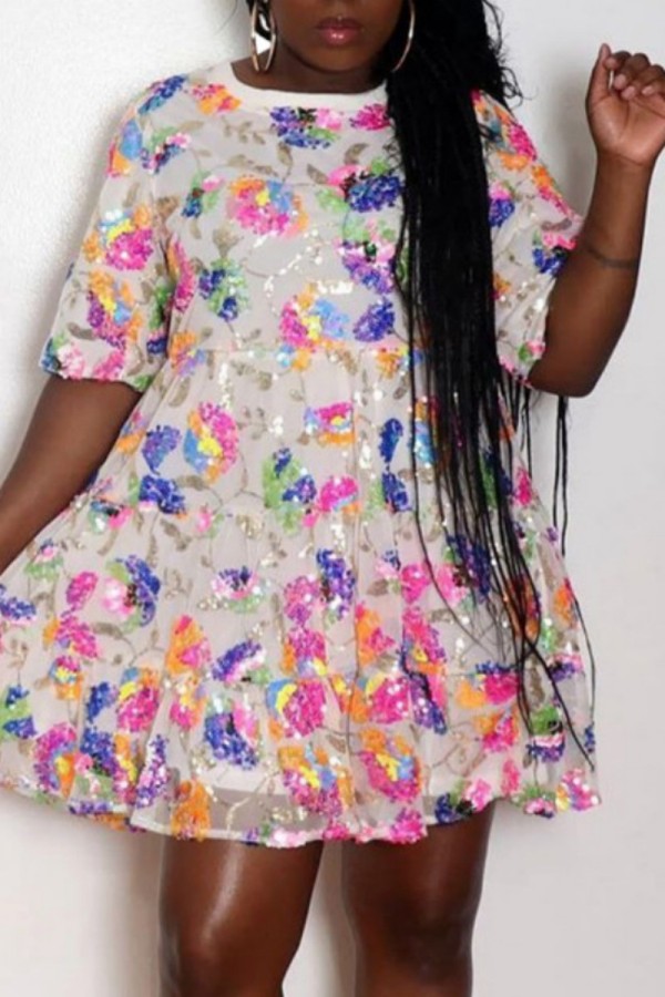 White Casual Patchwork Sequins O Neck Short Sleeve Dress