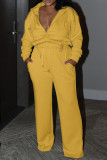 Yellow Casual Solid Patchwork Draw String Pocket Zipper Hooded Collar Long Sleeve Two Pieces