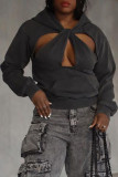 Grey Street Solid Hollowed Out Patchwork Pocket Hooded Collar Tops