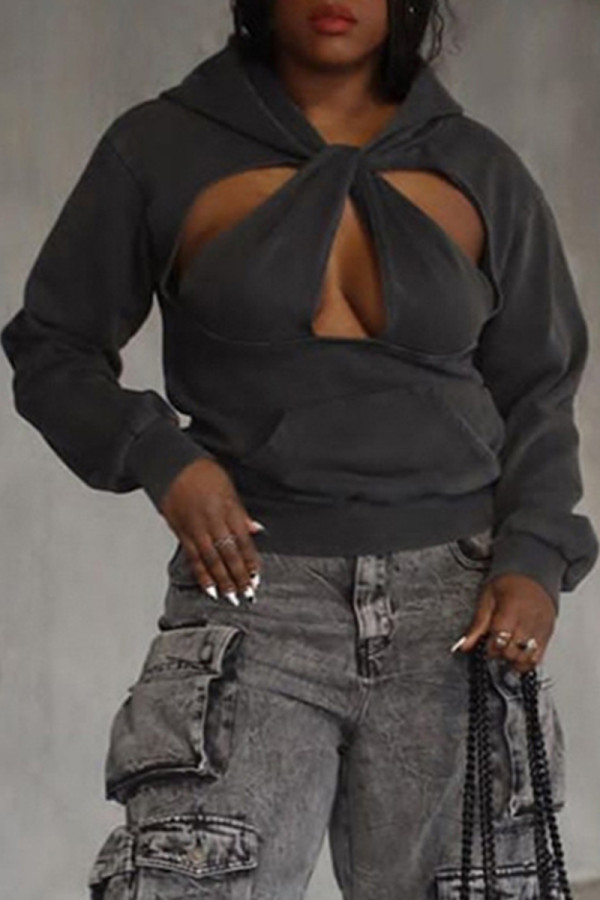 Grey Street Solid Hollowed Out Patchwork Pocket Hooded Collar Tops