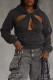 Grey Street Solid Hollowed Out Patchwork Pocket Hooded Collar Tops