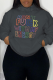 Dark Gray Street Print Draw String Hooded Collar Tops
