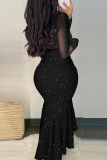 Black Elegant Solid Lace Patchwork High Opening Flounce V Neck Wrapped Skirt Dresses