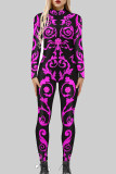 Rose Red Sexy Print Patchwork Zipper O Neck Skinny Jumpsuits