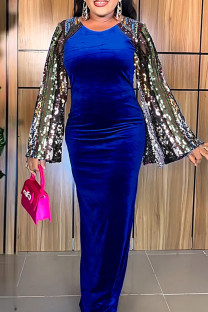 Colorful Blue Elegant Solid Sequins Patchwork Zipper O Neck Long Dress Plus Size Dresses