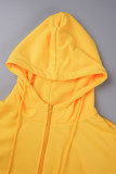 Yellow Casual Solid Patchwork Draw String Pocket Zipper Hooded Collar Long Sleeve Two Pieces