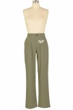 Olive Green Casual Print Letter Mid Waist Straight Bottoms