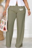 Coffee Casual Print Letter Mid Waist Straight Bottoms