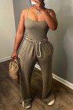 Khaki Sexy Casual Solid Backless Spaghetti Strap Sleeveless Two Pieces