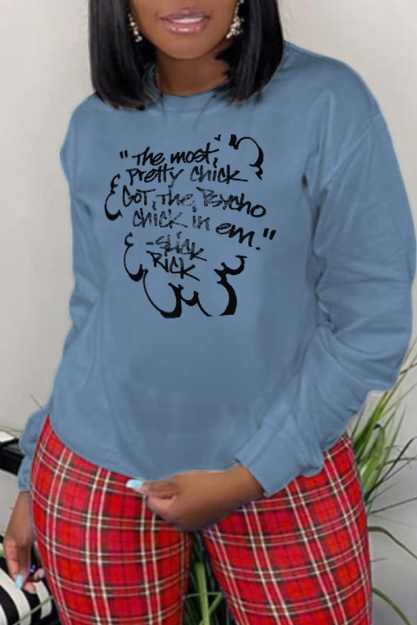 Gray Blue Casual Print Letter O Neck Tops