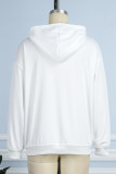 White Casual Daily Print Draw String Letter Hooded Collar Tops
