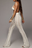 White Celebrities Solid Hollowed Out Patchwork Straight High Waist Straight Solid Color Bottoms