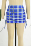 Blue Street Plaid Patchwork Draw String Strapless Sleeveless Two Pieces