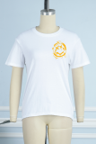 White Casual Daily Print Patchwork Letter O Neck T-Shirts