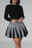 Black Sweet Print Patchwork O Neck A Line Dresses