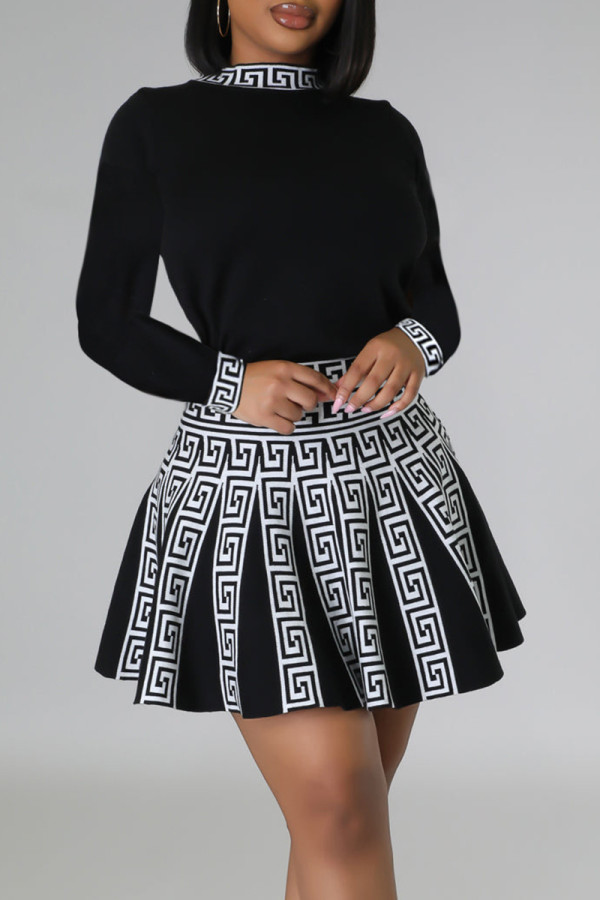 Black Sweet Print Patchwork O Neck A Line Dresses